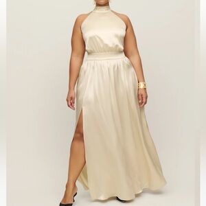 NWT NEW Reformation Ivory Alani Silk Side Slit Backless Halter Maxi Dress